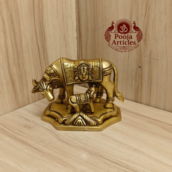 Brass Kamadhenu Cow and Calf Statue 3 Inch