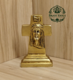 Brass Cross Statue with Jesus Face 4.2 Inch