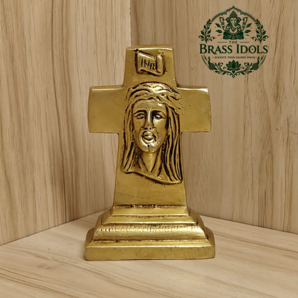 Brass Cross Statue with Jesus Face 4.2 Inch