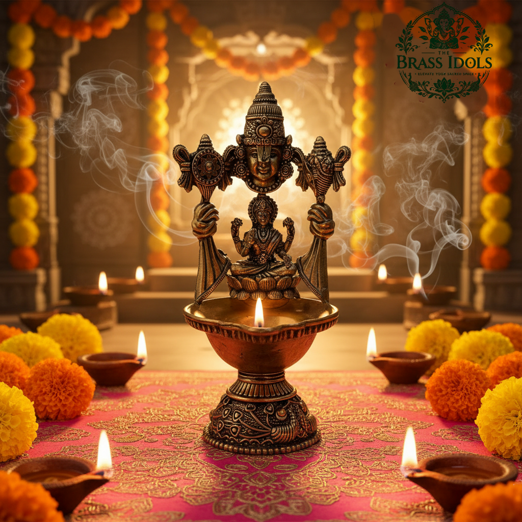 Premium Brass Perumal Vilakku with Lakshmi 4.6 Inch Premium Brass Perumal Vilakku with Lakshmi 4.6 Inch