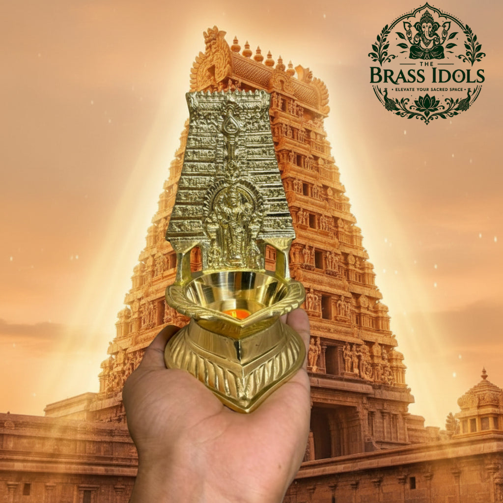 Brass Thiruchendur Murugan Gopuram Vilakku 5.8 Inch Brass Thiruchendur Murugan Gopuram Vilakku 5.8 Inch