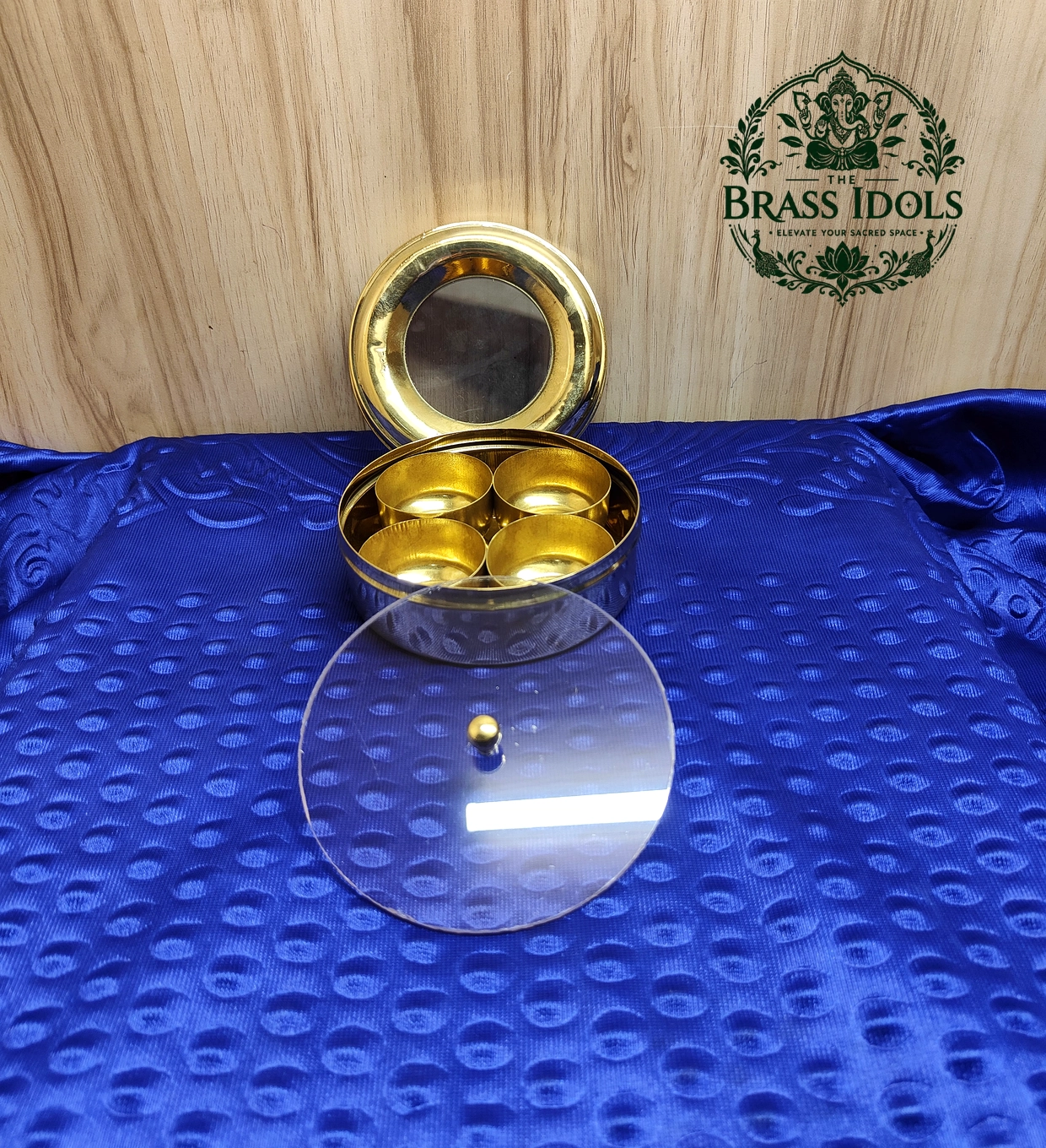 IMG20260824114651 Brass Masala Box with Glass Lid and 4 Inner Cups 4.2 Inch - Image 1